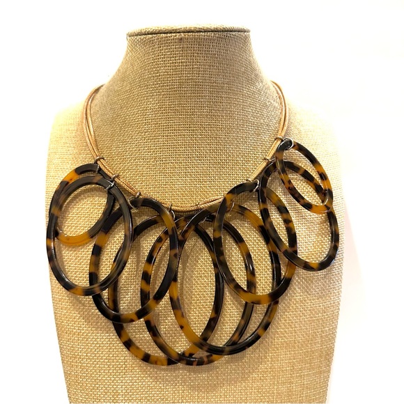 Natasha Necklace brown multistrand cord w/ large faux tortoise oval rings - Picture 3 of 9